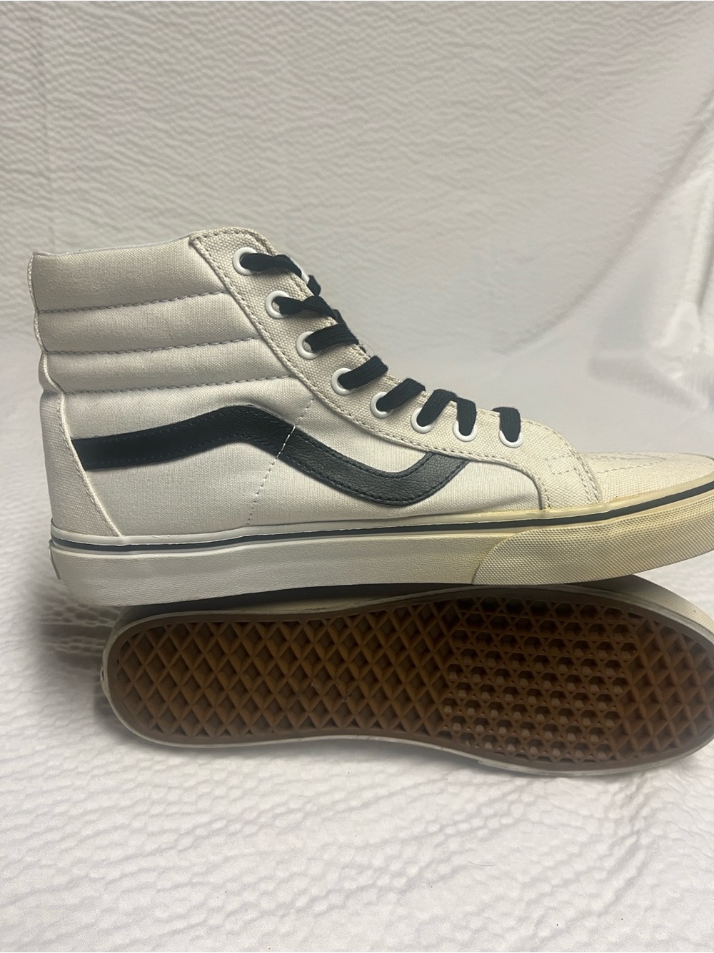Vans High-Top Canvas Sneakers in Cream with Black Stripe
